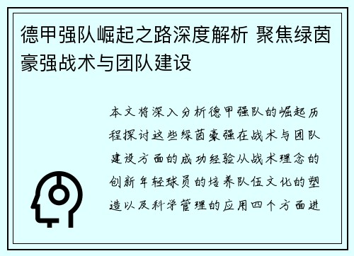 德甲强队崛起之路深度解析 聚焦绿茵豪强战术与团队建设