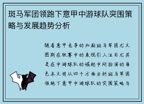 斑马军团领跑下意甲中游球队突围策略与发展趋势分析