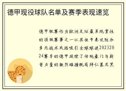 德甲现役球队名单及赛季表现速览
