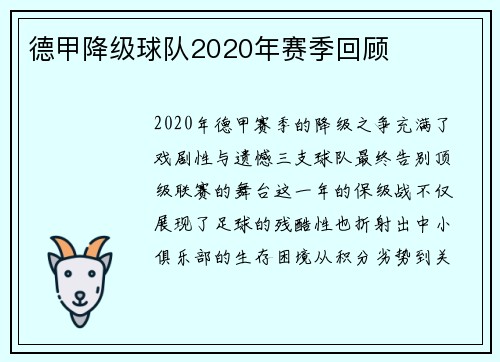 德甲降级球队2020年赛季回顾