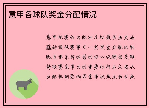 意甲各球队奖金分配情况